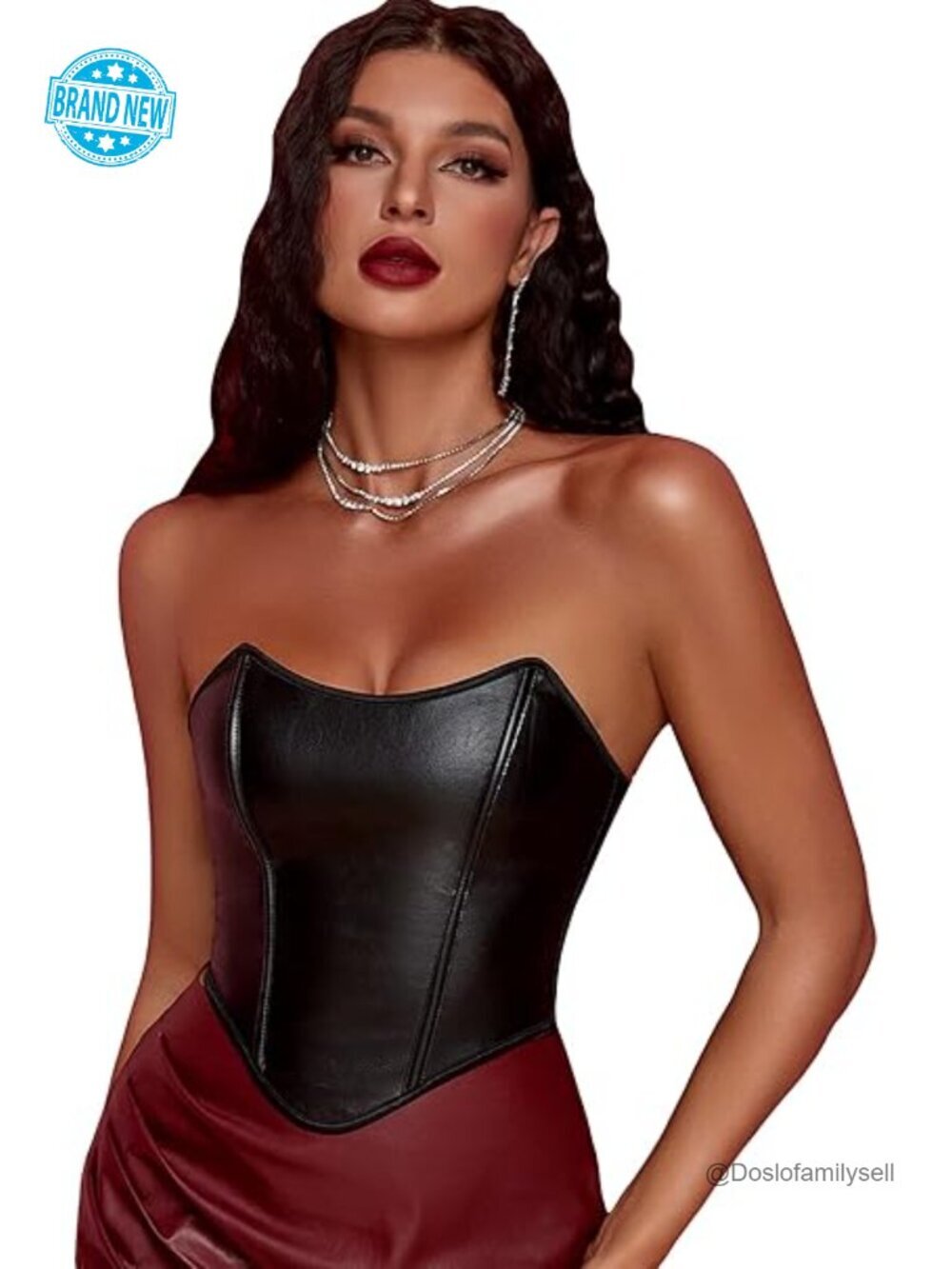 PU Leather Overbust Corset Lace Up Strapless Boned Body Shaper Bustier Top